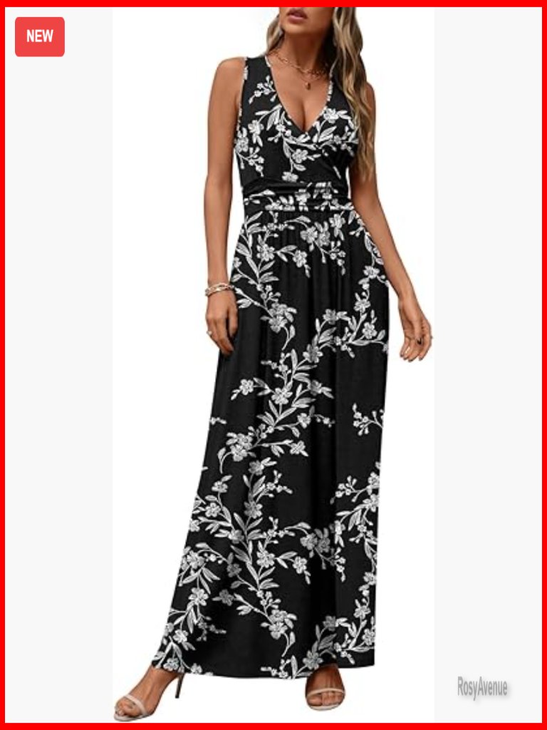 Sleeveless V-Neck Maxi Dress With Pockets, Rayon Spandex, Formal Casual